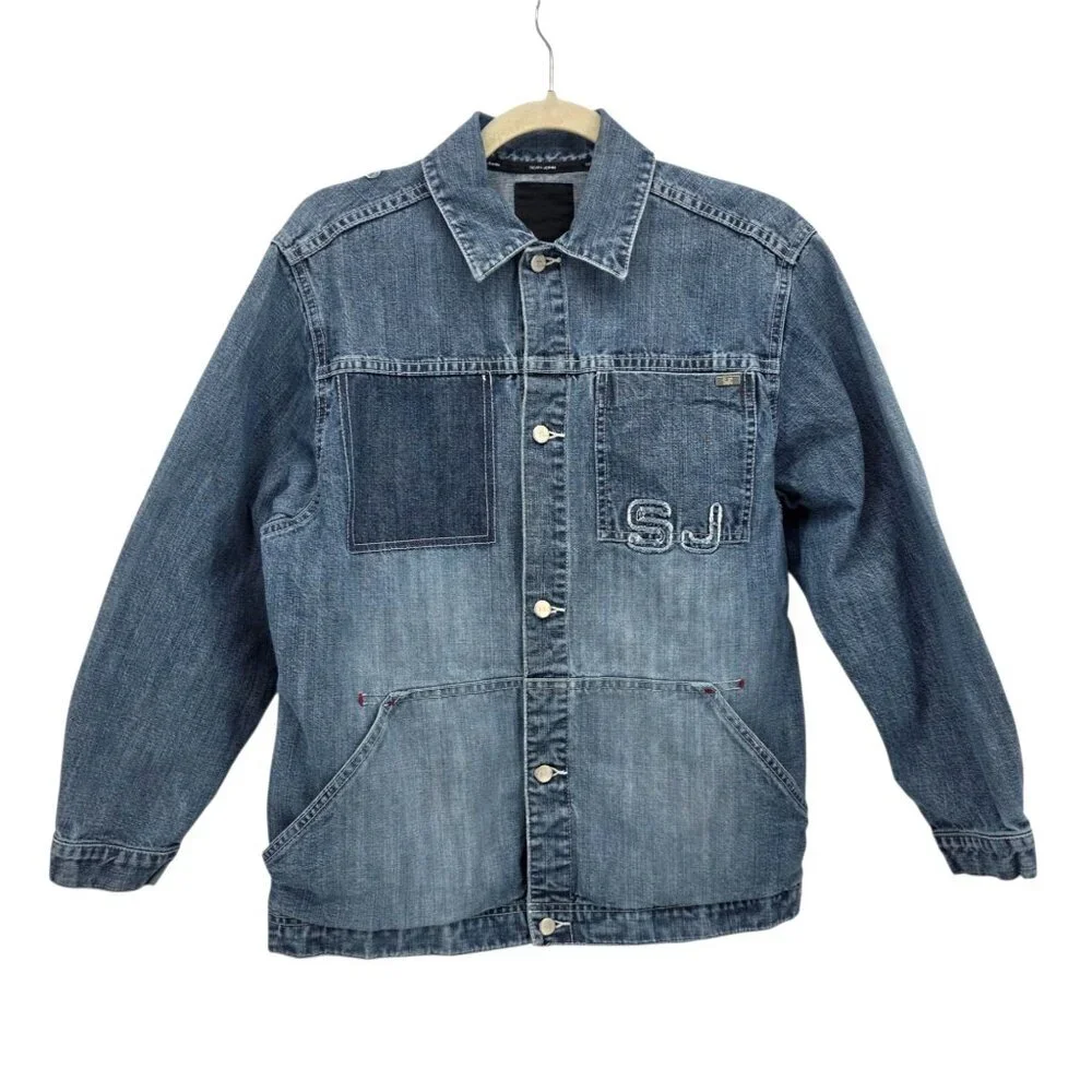 Vintage Sean John Boys Large Jacket Denim Jean Distressed Logo Relaxed Fit